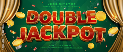 Double Jackpot text with coins, confetti, and golden curtains