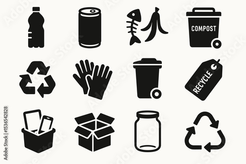 Black and white recycling icons: waste, compost, and recycle symbols