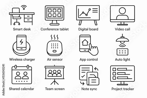 Smart office icons: desk, tablet, digital board, video call, wireless tech, automation