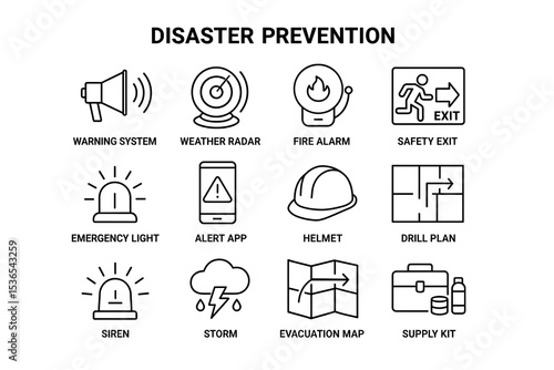 Disaster prevention icons: safety exit, warning systems, fire alarm, emergency light, drill plan