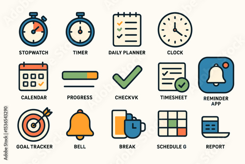 Time management icons: stopwatch, calendar, planner, reminder, clock, progress tracker