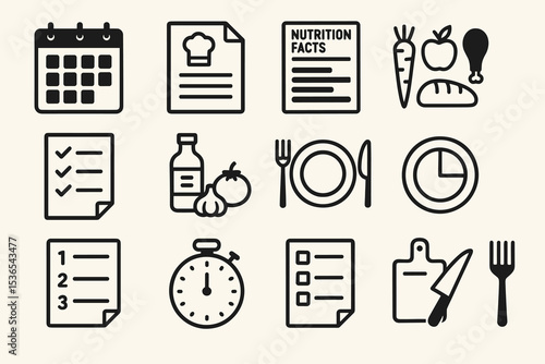 Meal planning icons: calendar, recipe, nutrition facts, and food tools