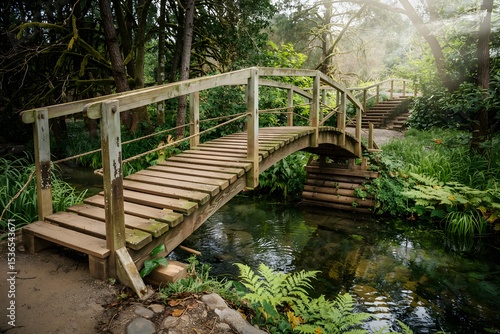Wooden footbridge over a tranquil stream in a lush forest