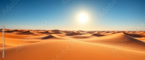 Vast, sun-drenched desert panorama with rolling sand dunes under a clear blue sky,  windswept,  arid landscape