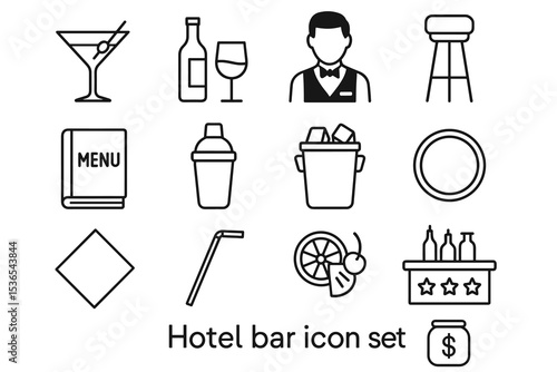 Hotel bar icon set: glass, bottle, bartender, stool, menu, shaker, ice, plate, straw, citrus