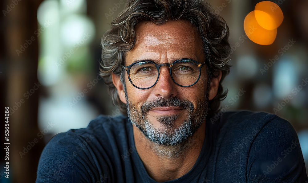Smiling middle aged man portrait glasses warm lighting Smiling middle aged man portrait glasses warm lighting