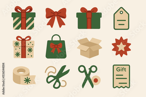Festive gift icons with bows, boxes, and scissors in green and red theme