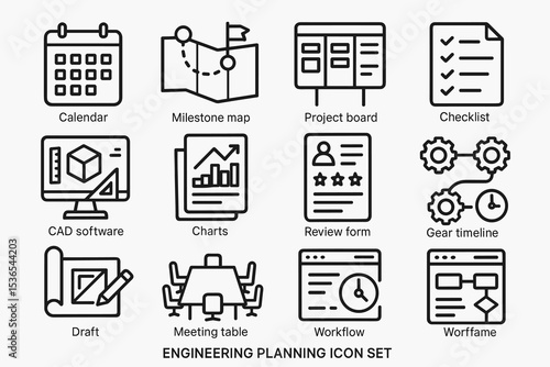 Engineering planning icon set: calendar, map, board, checklist, cad, charts