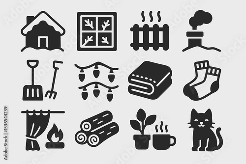 Winter essentials icon set: home, heating, plants, cozy items, and decor elements