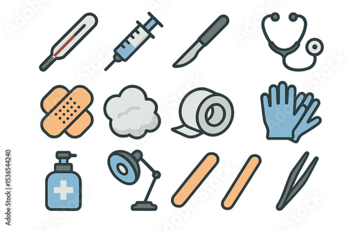 Collection of medical instruments and supplies including thermometer and syringe