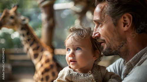 Father and Toddler Daughter Watching Giraffe at the Zoo Affectionate Family Moment