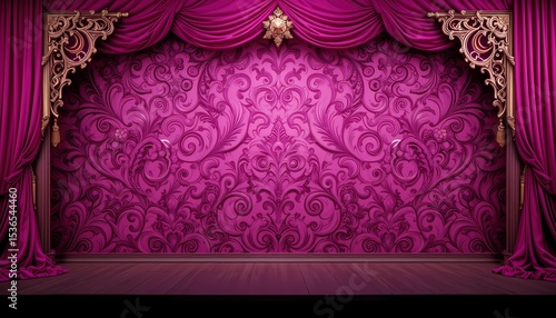  Ornate stage backdrop in magenta with layered paisleys and corner mirror-work.

