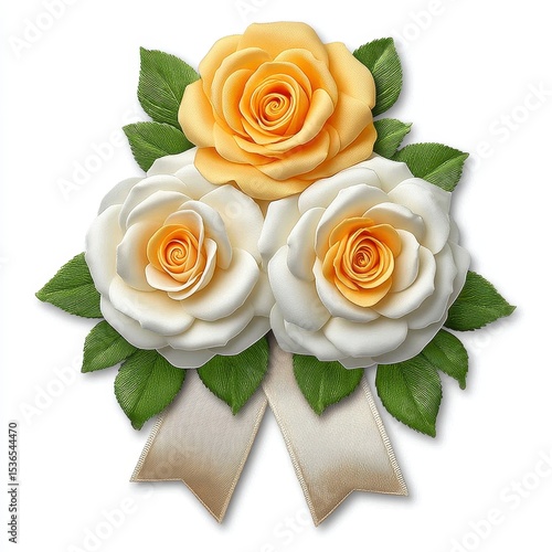 Yellow And White Roses With Golden Ribbon Floral Arrangement For Celebration