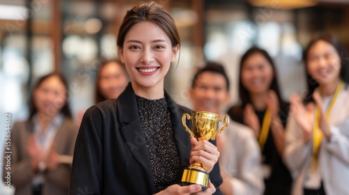 Happy Asian Female Leader with Gold Trophy

