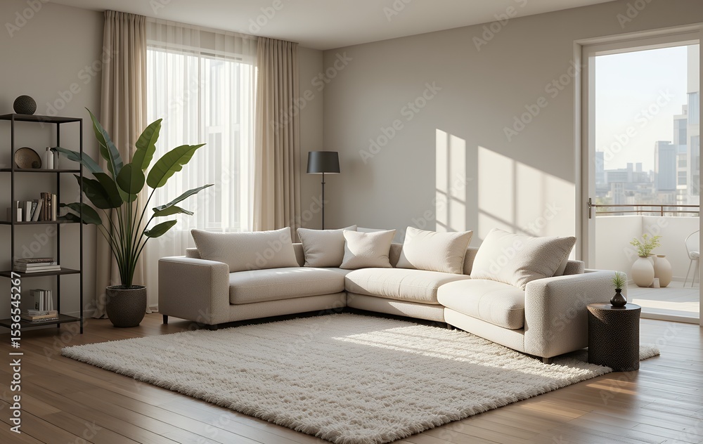 Fototapeta premium Modern minimalist living room interior design with large sofa and natural light