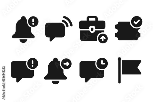 Support Icon Set. Solid style icons of support notifications: alert bell, ping icon, case update, ticket status. Solid style of