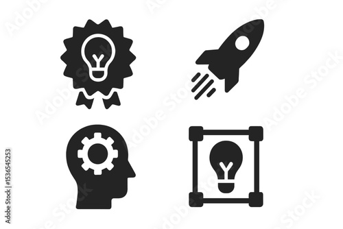 Startup Innovation Icons. Solid style icons of startup innovation: breakthrough badge, rocket spark, solution icon, progress tool.