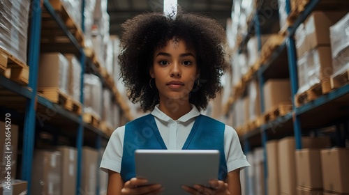 Confident young woman warehouse worker using a tablet in a modern distribution center