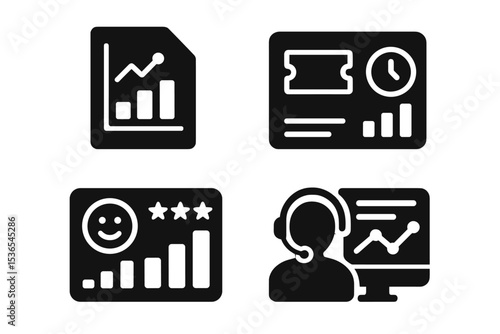 Customer Service Icons. Solid style icons of data in customer service: report file, ticket metrics, feedback stats, support
