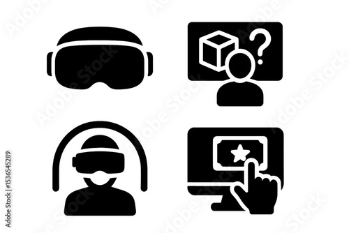 VR Support Icons. Solid style icons of VR support tools: VR headset, 3D help screen, immersive training, virtual desk. Solid style