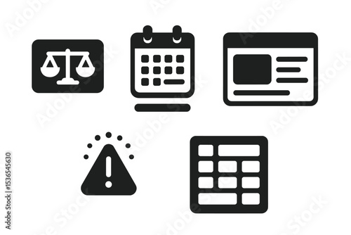 Serene Dashboard Icons. Solid style icons of serene dashboard elements: balanced metric widget, calendar with progress bar,