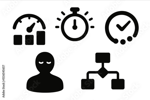 Balanced Focus Icons. Solid style icons of balanced focus tools: focus meter with balanced levels, timer with gentle glow, smooth
