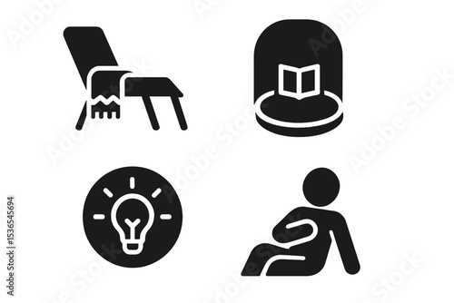 Mindful Break Icons. Solid style icons of mindful break zones: lounge chair with blanket, mindfulness corner with book, soft