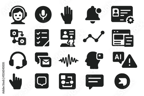 Next-Gen Productivity Icons. Solid style icons of next-gen productivity interfaces: AI assistant avatar, voice command button,