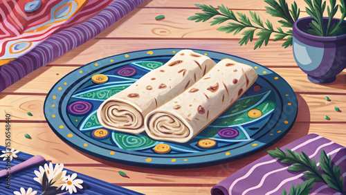 Lavash Flatbread Rolled on Wooden Table Armenian Style perfect for food illustrations, bakery menus, and cultural cuisine presentations
