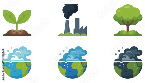 A vibrant vector set of nature icons illustrates global ecology with green leaves, trees, and environmental symbols