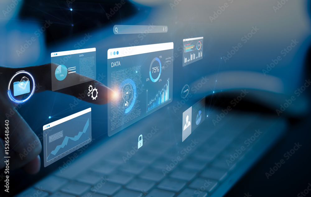 Obraz premium Document management concept, check electronic documents on digital documents on virtual screen Document Management System and process automation to efficiently document paperless operate