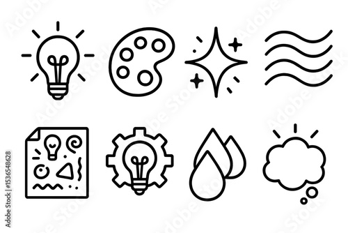 Creativity Line Icons. Line style icons of creativity: idea lightbulb, paint palette, creative spark icon, flowing lines, doodle