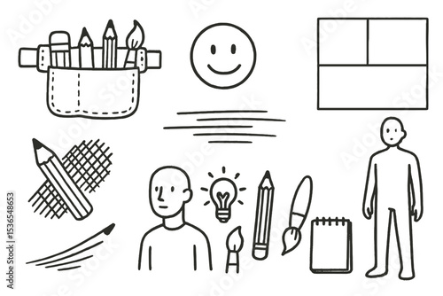 Sketching Tools Icons. Line style icons of drawing: tool belt for sketching, simple doodle icon, comic panel sketch, motion line