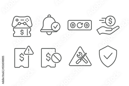 Esports Betting Icons. Line style icons of betting: esports bet symbol, bet result bell, match update bar, instant payout icon,