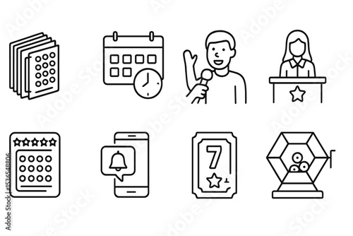 Lottery Icons Collection. Line style icons of lottery: bulk ticket bundle, lottery draw date, winner interview icon, prize
