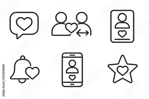 Dating Icons Collection. Line style icons of dating: heart chat bubble, user match icon, swipe left/right gesture, dating profile