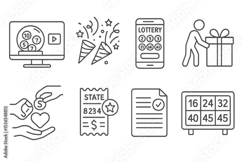 Lottery Icons Set. Line style icons of lottery: live draw stream, celebration confetti, online lottery form, prize collection icon