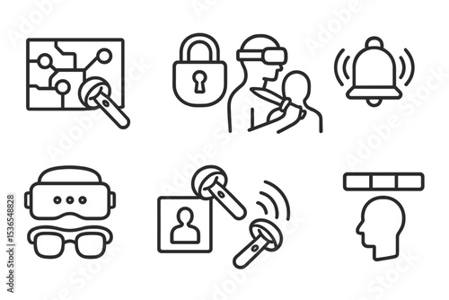 VR Game Tools Icons. Line style icons of VR games: map puzzle interaction, VR lock-picking tool, stealth kill icon, alarm trigger