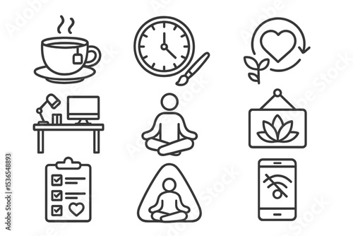Lifestyle Line Icons. Line style icons of lifestyle: cozy tea ritual, hobby time clock, green lifestyle icon, tidy desk setup,
