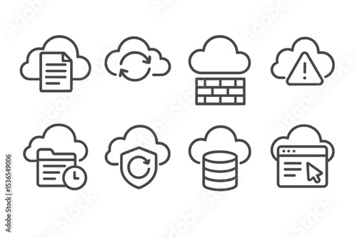 Cloud Service Icons. Line style icons of cloud services: content in cloud icon, automatic sync icon, cloud firewall, cloud service
