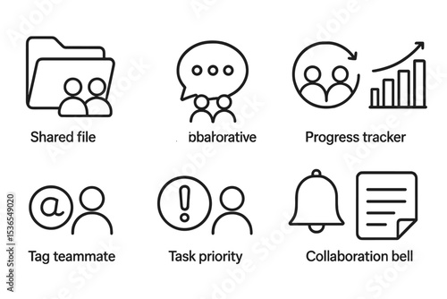 Collaboration Icon Set. Line style icons of collaboration: shared file folder, collaborative chat, status update icon, progress