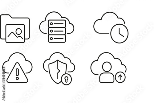 Cloud Service Icons. Line style icons of cloud services: folder preview icon, data center icon, scheduled sync clock, subscription