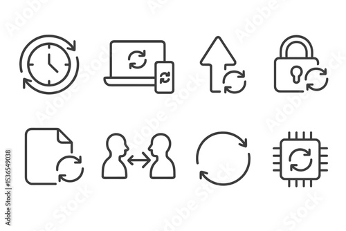 Data Sync Icons. Line style icons of data synchronization: automatic sync clock, device sync status, priority sync, secure sync