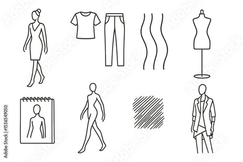 Fashion Design Icons. Line style icons of drawing: fashion sketch, outfit outline, fabric lines, mannequin pose, design sketchpad,