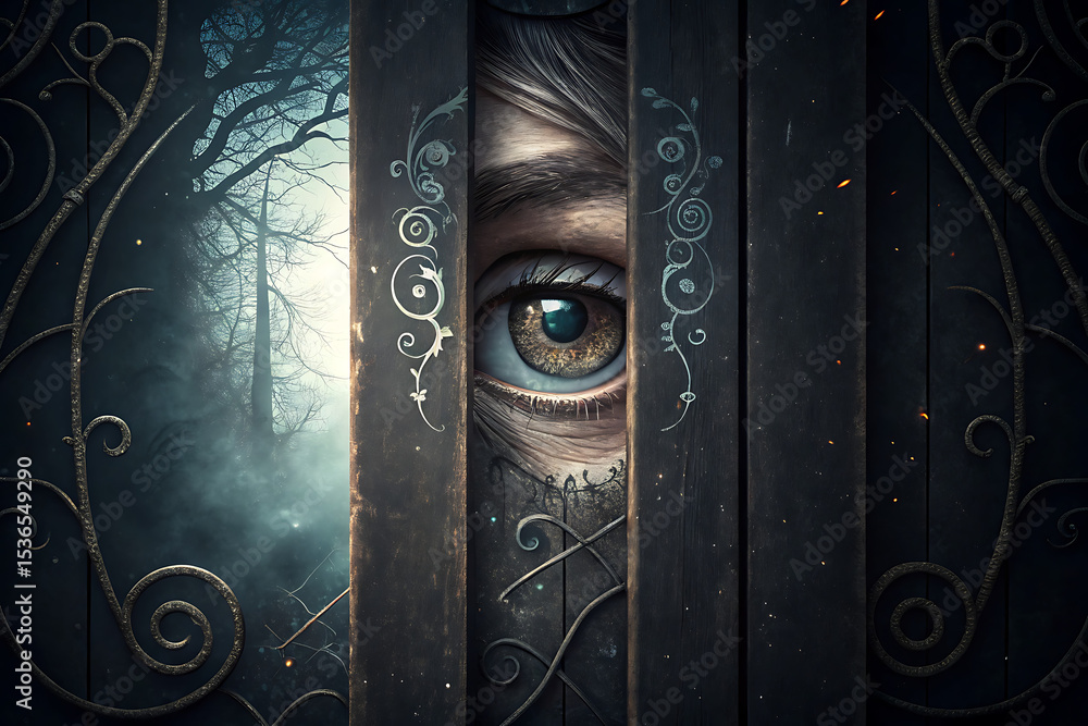 An Eye Peeking Through a Dark, Ornate Wooden Gate into a Misty Forest An Eye Peeking Through a Dark, Ornate Wooden Gate into a Misty Forest