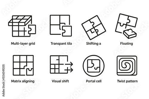 Puzzle Icons Collection. Line style icons of puzzle games: multi-layer grid, transparent tile, shifting plane, floating puzzle,