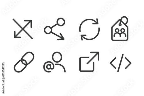 Online Community Icons. Line style icons of online communities: crosspost icon, share post, repost arrow, community tag, linked