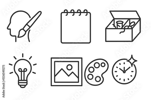 Lifestyle Icons. Line style icons of lifestyle themes: creative hobby, painting tool, sketchpad, craft box, idea lightbulb,