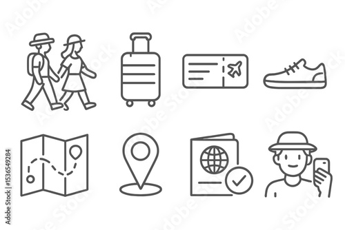 Lifestyle Travel Icons. Line style icons of lifestyle themes: travel day, suitcase icon, boarding pass, travel shoes, itinerary
