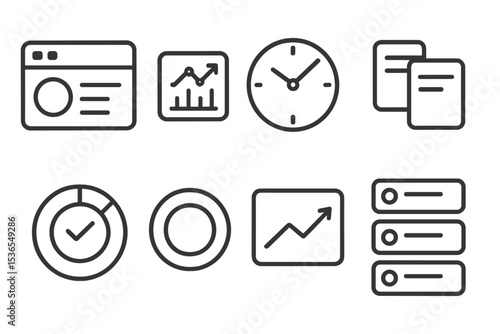 Productivity Tools Icons. Line style icons of productivity tools: app dashboard, metrics widget, time spent, project cards, focus